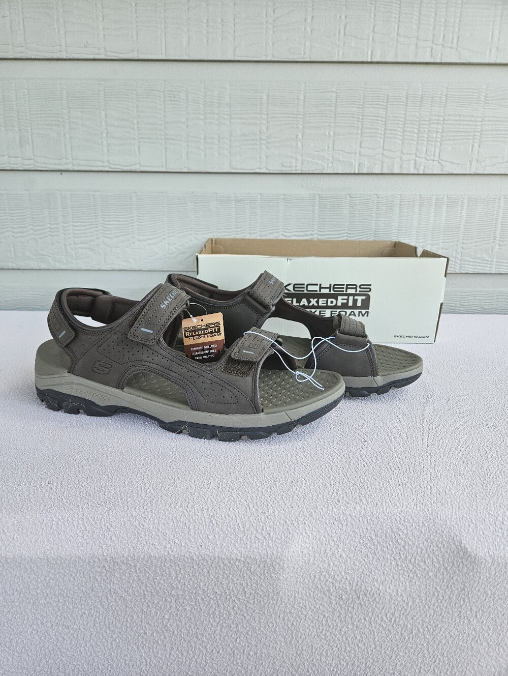 Skechers Tresmen Garo Men SZ 14 Luxe Foam Brown Sandals 204105 Hook & Loop Vegan